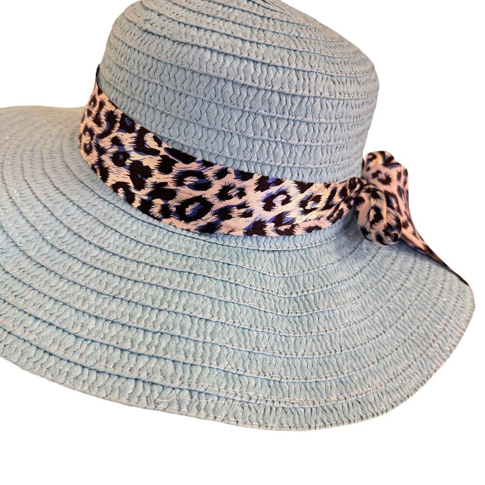 Womens Unbranded Light Blue Animal Print Tie Ribbon Synthetic Wide Straw Hat - Picture 6 of 8